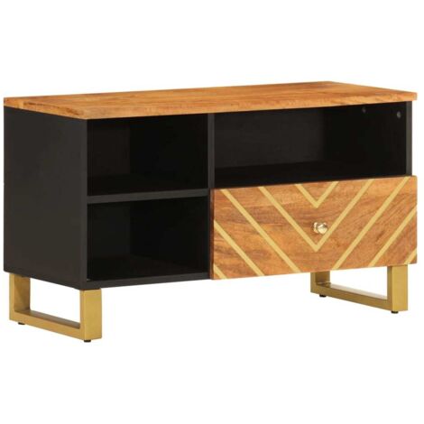 Meuble TV Banc TV Armoire TV marron et noir 80x33,5x46 cm bois massif de manguier (1/5)