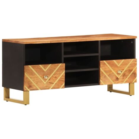 Meuble TV Banc TV Armoire TV marron et noir 100x33,5x46 cm bois massif de manguier (1/5)