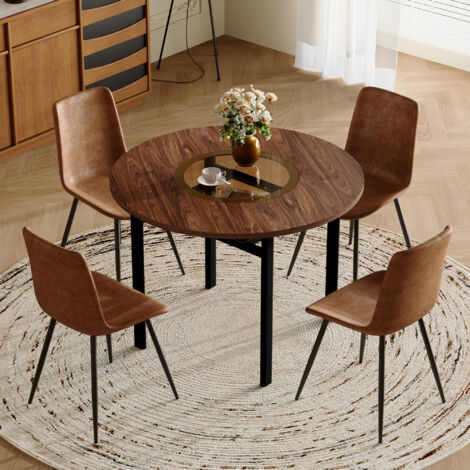 Ensemble table ronde minimaliste moderne (avec compartiment de rangement intégré et 4 fauteuils marron en tissu technique), table ronde de 100 cm de diamètre aspect bois marron, convient pour le salon (1/5)