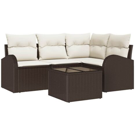 Ensemble de canapé de jardin 5 pcs Mobilier de jardin Marron et blanc polyrotin (1/5)