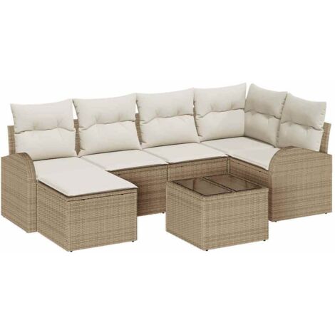Ensemble de Canapés avec coussin 7 pcs Mobilier de jardin Beige et blanc polyrotin (1/5)