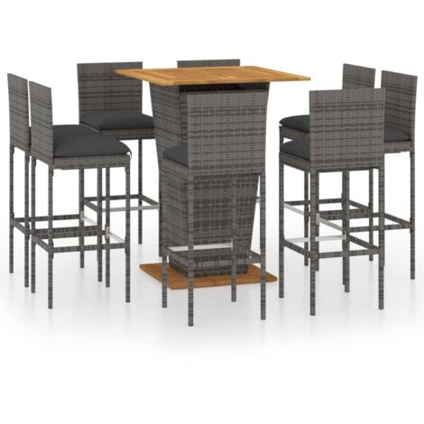 Ensemble de bar de jardin 9 pcs Mobilier de jardin et coussins Résine tressée Gris (1/5)