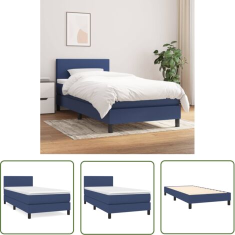 The Living Store Sommier à lattes de lit avec matelas Bleu 90x190 cm Tissu - Lit Plateforme - Lit Double - Literie - Matelas Ressorts Ensachés - Têtière Ajustable (1/5)