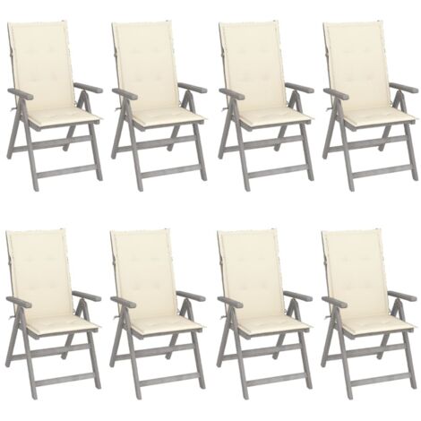 8 pcs Chaises inclinables avec coussins, Chaises à dîner, Fauteuils de jardin Gris Acacia BGT51931 (1/5)