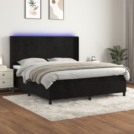 Sommier Tapissier + Matelas + LED,Lit adulte Simple Durable Noir 160x200 cm Velours -45156 (1/5)