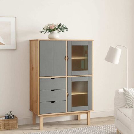 Buffet haut, Meuble de Rangement, Armoire de Cuisine OTTA Marron et gris 85x43x125 cm Bois massif pin RDS9131 (1/5)