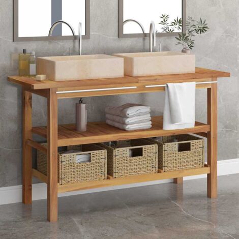 Meuble sous-vasque avec lavabos,Armoire de salle de bain en marbre crème Teck massif -GB81939 (1/5)