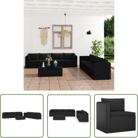 9 pcs Salon de jardin, Ensemble table et chaises de jardin, Meuble de jardin avec coussins Résine tressée Noir MKW980713 (1/5)