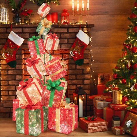 Tour de Boîtes Cadeaux Éclairées 170 cm avec 15 Boîtes Pré-Éclairées Empilées 450 Lumières Base en Métal Rubans et Nœuds (1/5)