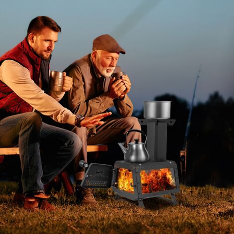Mini Poêle à Bois Portable en Acier Carbone avec 2 Positions de Cuisson Réchaud à Bois avec Poignée Anti-brûlure Fenêtre en Verre Résistant (1/5)