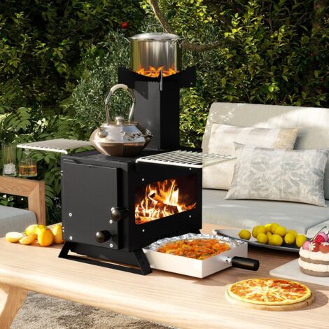 Poêle à Bois Portable Mini-brûleur avec Grille Poêle et 2 Grilles Poêle à Bois D'extérieur avec Vitre pour Camping Pique-nique Pêche Noir (1/5)