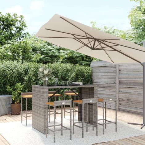 7 pcs Ensemble de bar jardin  Meuble de Jardin/bistro  Ensemble table et chaises gris poly rotin/bois massif acacia DEJDX48427 (1/5)
