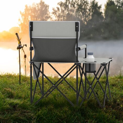 Lot de 2 Chaises de Camping avec Table Chaise de Pique-nique Pliable avec 2 Poches de Rangement Porte-gobelet Accoudoirs Rembourrés Gris (1/5)
