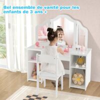 Coiffeuse pour Enfants 2 en 1 avec Chaise Miroir Amovible à Trois Volets 4 Compartiments de Stockage Blanc Maison Chic