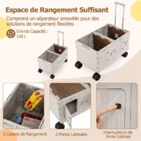 Chariot de Plage Pliable avec Caisses de Rangement à 2 Niveaux Chariot Portable avec 5 Roues Pivotantes Poignée Télescopique en Métal Blanc