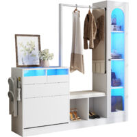 Combinaison de combinaison 6 en 1, Garderobenset, Frisiertisch mit Kleiderstange, Schuhbank und Klappschuhschrank, Glasvitrine, Mit farbwechselndem LED-Licht