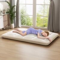 Matelas Futon Japonais Portable 140 x 200 cm Rembourrage en Coton Matelas de Sol Pliable pour 2 Personnes Sac de Transport Beige