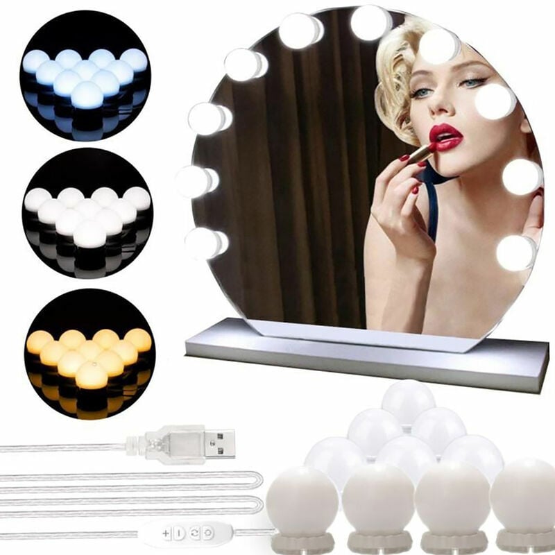 Kit 10 lumières LED pour miroir coiffeuse maquillage lampe miroir  cosmétique 10 ampoules réglables USB 9 niveaux de luminosité différents  modes de