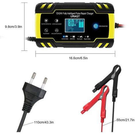 Chargeur de batterie de voiture, chargeur de batterie de voiture 8A 12V / 24V Entièrement automatique avec écran LCD, chargeur d'entretien intelligent pour voitures, motos, tondeuses à gazon ou bateau