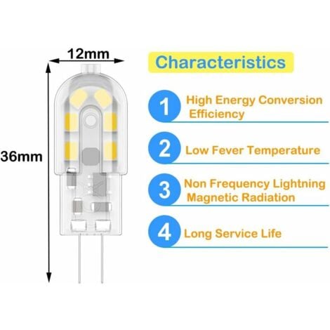 Lot de 10 Ampoules LED G4 2W, Équivalent 20W Ampoules Halogènes, Blanc Chaud 3000K, 200Lm, 12x SMD, 12V AC/DC [Classe énergétique A+]