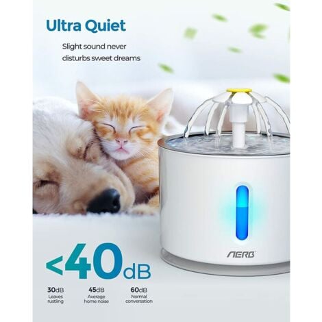 Fontaine à Eau pour Chat et Petit Chien Aerb - Distributeur d'Eau Silencieux avec Filtre à Charbon Actif et Plateau en Acier Inoxydable - Veilleuse à LED