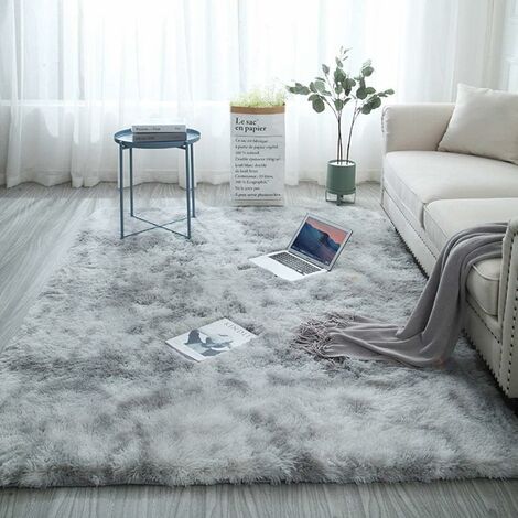 Tapis Chambre Salon Soft à Poils Longs - Moelleux - Antidérapant - Épais -  Gris/Blanc - 40x120cm