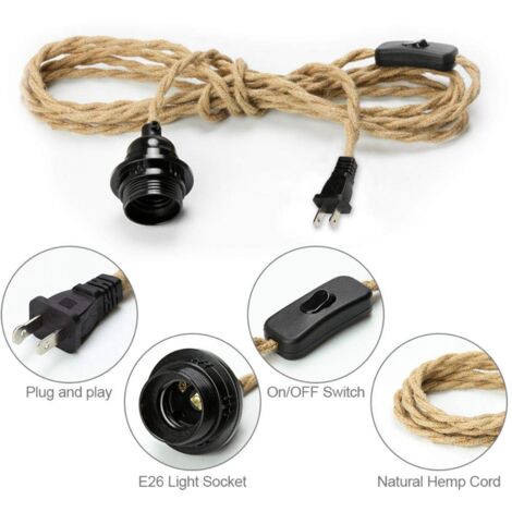 Lustre Suspendu Rétro Avec Corde De Chanvre 5m - Douille E27, Interrupteur Intégré, Style Industriel/vintage - Pour Salon, Chambre, Déco DIY