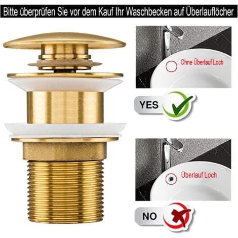Bonde universelle pour lavabo et lavabo - Valve pop-up moderne Click Clack - Bonde d'écoulement avec trop-plein, laiton, acier inoxydable, doré (sans trop-plein)