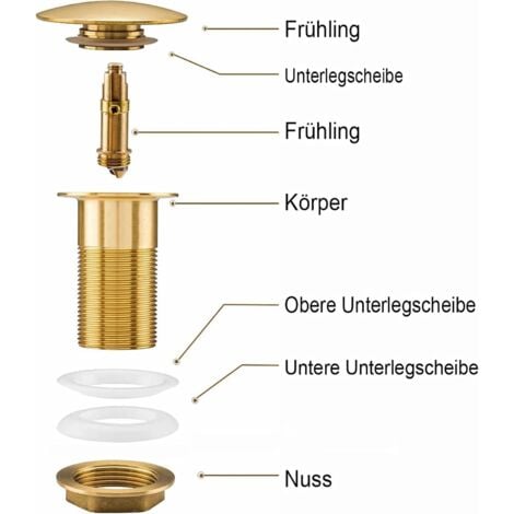 Bonde universelle pour lavabo et lavabo - Valve pop-up moderne Click Clack - Bonde d'écoulement avec trop-plein, laiton, acier inoxydable, doré (sans trop-plein)