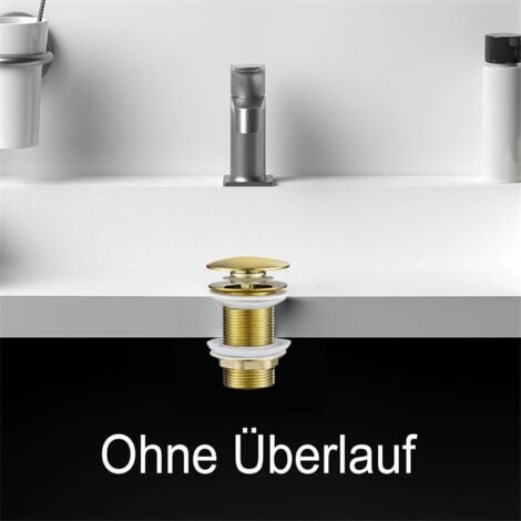 Bonde universelle pour lavabo et lavabo - Valve pop-up moderne Click Clack - Bonde d'écoulement avec trop-plein, laiton, acier inoxydable, doré (sans trop-plein)