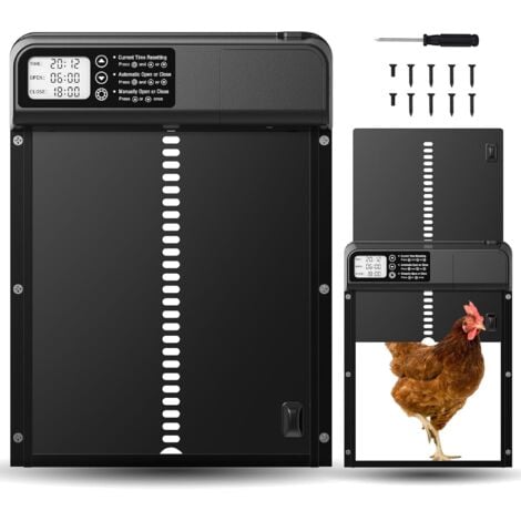 Porte Poulailler Automatique avec Écran LCD Programmable Étanche, Porte Automatique Poulailler en Alliage d'aluminium, Alimenté par Batterie, Commande de Minuterie, Fonction Anti-pincement