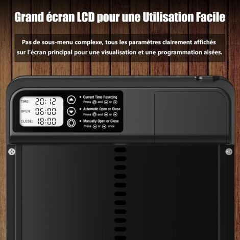 Porte Poulailler Automatique avec Écran LCD Programmable Étanche, Porte Automatique Poulailler en Alliage d'aluminium, Alimenté par Batterie, Commande de Minuterie, Fonction Anti-pincement