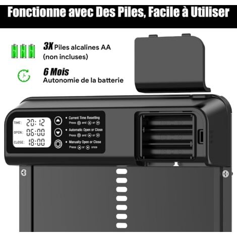Porte Poulailler Automatique avec Écran LCD Programmable Étanche, Porte Automatique Poulailler en Alliage d'aluminium, Alimenté par Batterie, Commande de Minuterie, Fonction Anti-pincement