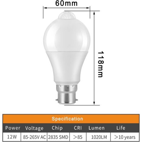 Ampoule Detecteur de Mouvement B22 Baïonnette LED, 12W, 1020lm, Blanc Froid 6000 K, CIR 85, étanches IP42 à économie d'énergie, non dimmable, Ampoule à Détecteur de Mouvement(2 pièces)