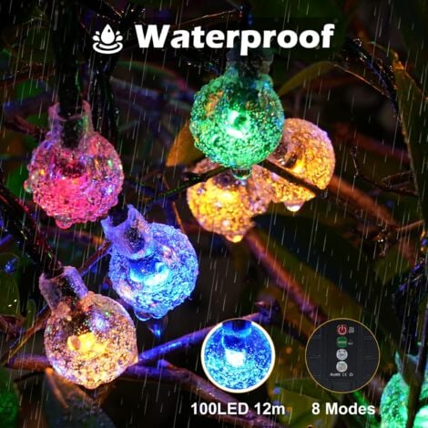Guirlande Lumineuse Solaire, 100 Leds 12M Couleur Cristal Boules Lumière,8 Modes Etanche Lumières Solaires,Pour Décoration Extérieur, Jardins, Terrasses, Mariages, Fêtes