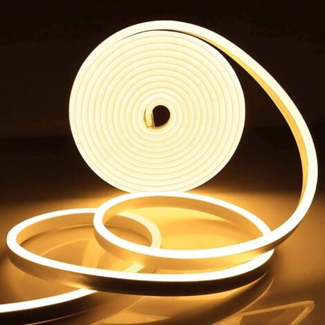 Neon Ruban Led 5m, 12V 3000K Blanc Chaud Bande Led, Flexible Étanche Découpable Silicone Bandeau Lumineuse Led pour Intérieur Décoration, Chambre, DIY Sign (Adaptateur électrique non inclus)