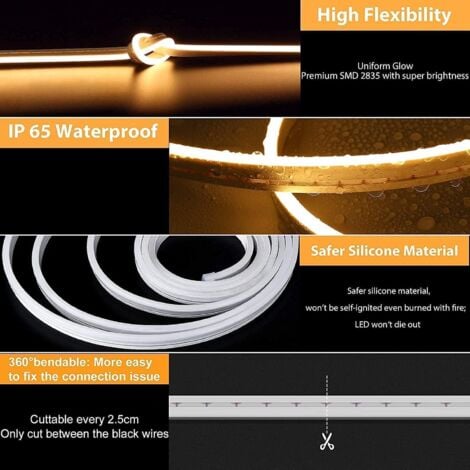 Neon Ruban Led 5m, 12V 3000K Blanc Chaud Bande Led, Flexible Étanche Découpable Silicone Bandeau Lumineuse Led pour Intérieur Décoration, Chambre, DIY Sign (Adaptateur électrique non inclus)