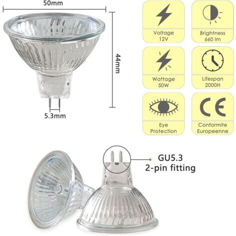 Ampoule LED GU5.3  50W Pack de 8 12V Ampoules Halogènes Réflecteur, Dimmable Projecteur, Ampoule Spot Halogène MR16, 660LM, Blanc Chaud 2700K, 36 °Faisceaux
