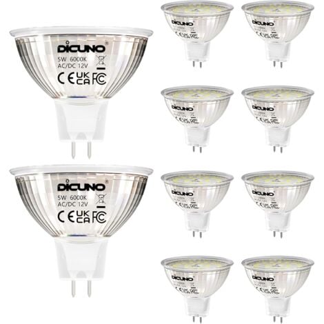 Ampoule LED GU5.3 Blanc Froid 6000K, MR16 LED 12V 5W Equivalent à 50W Halogène, Ampoules LED Spot Non Dimmable, Lot de 10