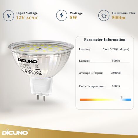 Ampoule LED GU5.3 Blanc Froid 6000K, MR16 LED 12V 5W Equivalent à 50W Halogène, Ampoules LED Spot Non Dimmable, Lot de 10