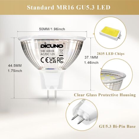 Ampoule LED GU5.3 Blanc Froid 6000K, MR16 LED 12V 5W Equivalent à 50W Halogène, Ampoules LED Spot Non Dimmable, Lot de 10