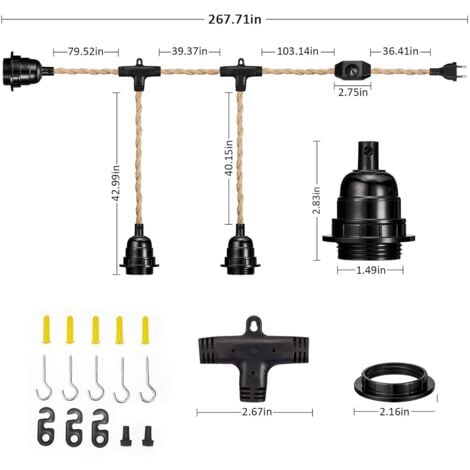 6,8M Câble électrique en lin 2 Conducteurs, avec E26/E27 Douille(3 douilles) et Interrupteur graduable, pour DIY Lampe(sans ampoule)