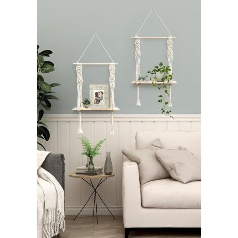 Etagere Murale Bois Macramé Boheme Deco Plantes Simple Houppe Manuel Tissé Chambre Salon WC Etagere Suspendue Corde