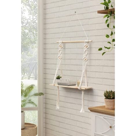 Etagere Murale Bois Macramé Boheme Deco Plantes Simple Houppe Manuel Tissé Chambre Salon WC Etagere Suspendue Corde