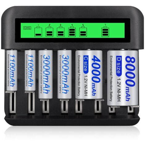 Chargeur De Piles BONAI 8 Emplacements - Pour AA/AAA/C/D Ni-MH/Ni-CD - Écran LCD + Port USB - Charge Rapide