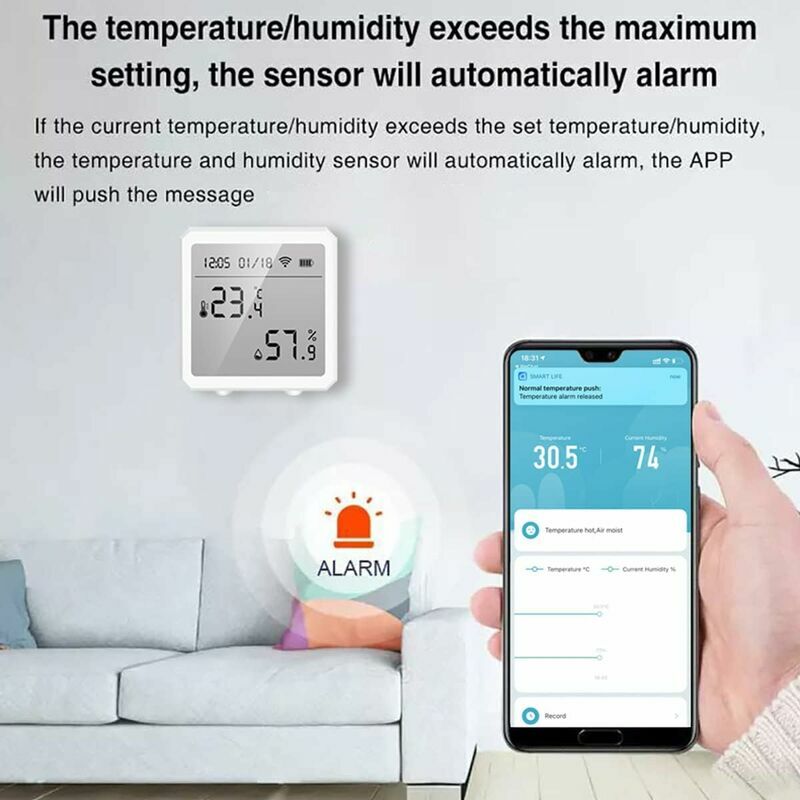 WiFi Tuya Capteur de température sans fil, Smart Life Digital Thermomètre  hygromètre intérieur, compatible avec Alexa, avec stockage de données et  fonctions d'alarme : : Bricolage