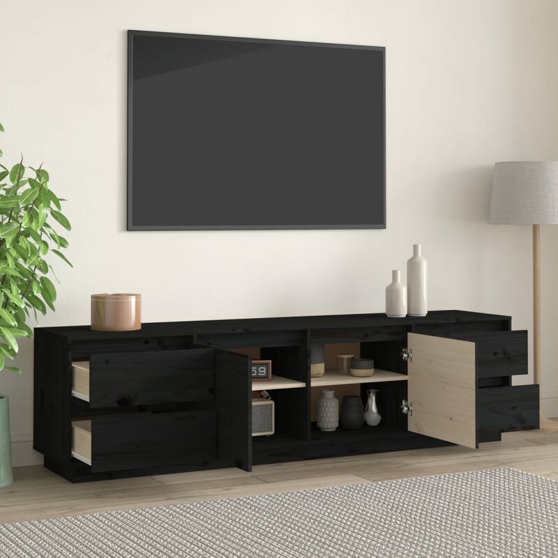 Mueble TV salón Mesa de TV Mueble de televisión madera maciza de pino negro  110x35x40,5 cm ES15169A