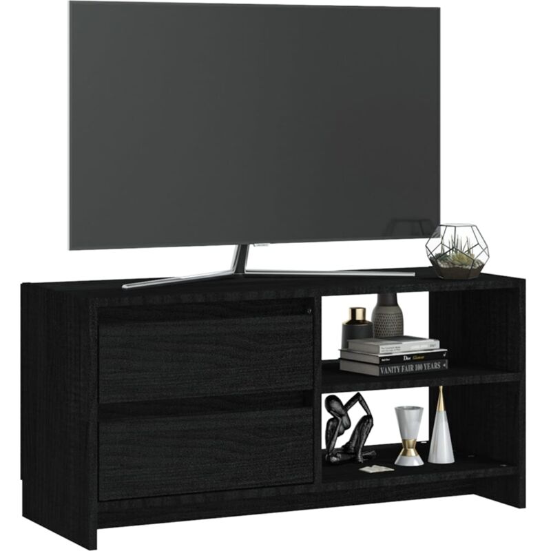 Mueble TV salón Mesa de TV Mueble de televisión madera maciza de pino negro  110x35x40,5 cm ES15169A