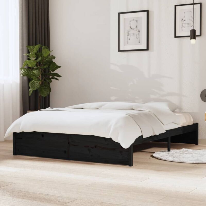 Cama Moderno Estructura de Cama para adulto doble madera maciza negro  135x190 cm ES11989A