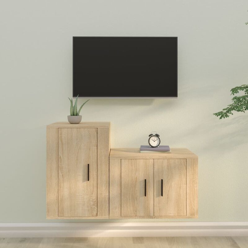 Mueble TV suspendido con 2 puertas - blanco y natural - AUBEPINA